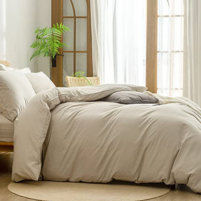 BESTOUCH Cotton Solid Duvet Cover Set Linen Feel Almond Milk Grey King | 100% Washed Cotton, Soft Wrinkle Texture, Hidden Zipper, 8 Ties, Breathable Lightweight Durable Comfy, 3 Pcs No Insert - color: Almond Milk Grey (No Comforter), size: King (104" X 90