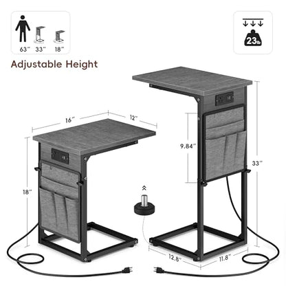 C Shaped End Table with Charging Station, C Table End Table Adjustable Height, Small Side Table for Couch, Sofa Table Slide Under Couch TV Tray Arm Table for Living Room, Bedroom, Gray Walnut - color: Gray Walnut, style: With Plug