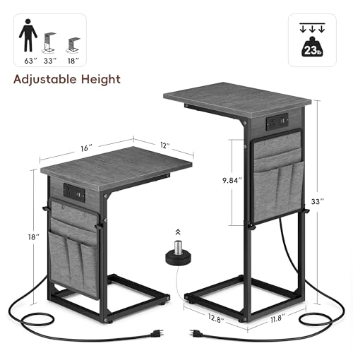 C Shaped End Table with Charging Station, C Table End Table Adjustable Height, Small Side Table for Couch, Sofa Table Slide Under Couch TV Tray Arm Table for Living Room, Bedroom, Gray Walnut - color: Gray Walnut, style: With Plug