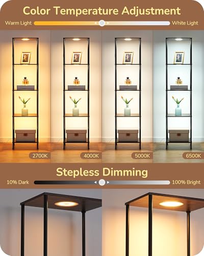 EDISHINE RGBW Floor Lamp with 5-Tier Display Shelves, Remote Control | 2700K–6500K, 3 Lighting Modes, Farmhouse Fire-Burned Wood for Living Room, Bedroom, Office - color: Burnt wood