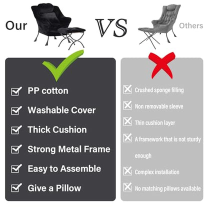 Lazy Chair with Ottoman, Plush Reading Chair with Pillow，Black | Removable machine-washable cover; includes an extra throw pillow; cozy accent chair for living room, bedroom, dorm or office - color: Plush Black-1
