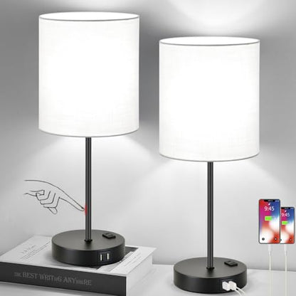 Lynnoland Set of 2 Touch Control Table Lamps with 2 USB & AC Outlet, 3-Way Dimmable Bedside Nightstand Lamps for Bedroom Living Room Nursery, 800 Lumens 5000K Daylight Bulbs Included - color: (2 Pack)White & Matte Black(Base)-5000K Bulbs Included
