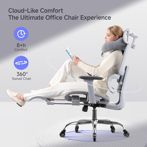 Office Chair with Footrest, Ergonomic Chair with Neck Pillow & Rubber Wheels, Computer Chair with Adjustable Backrest & 3D Armrests Headrest, Gaming Chair Adaptive Lumbar Support, Grey - color: Grey, style: Pro