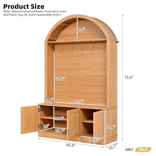 Farmhouse Fabric Arched Top Hall Tree with Wood Grain Finish, All-in-One Mudroom Furniture with Adjustable Shelves, Open Shelf, 5 Metal Hooks, Fluted Door Entryway Bench for Hallway (Natural-42) - color: Natural-42