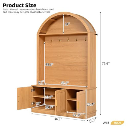 Farmhouse Fabric Arched Top Hall Tree with Wood Grain Finish, All-in-One Mudroom Furniture with Adjustable Shelves, Open Shelf, 5 Metal Hooks, Fluted Door Entryway Bench for Hallway (Natural-42) - color: Natural-42