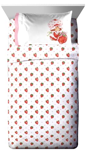 Jay Franco Strawberry Shortcake Twin Comforter Set for Girls, 5 Piece Pink | Bed in a Bag, Sheets Sham Pillowcase, Super Soft All Season Microfiber, Machine Washable Kids Bedding, Officially Licensed