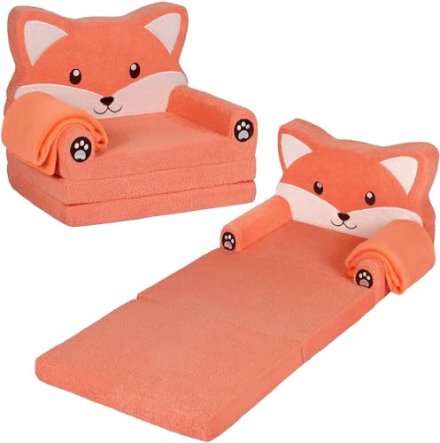 Foryoomi Kids Couch, 2-in-1 Soft Toddler Couch Fold Out with Blanket, Chair Comfy, Foldable Convertible Plush Sofa, Gifts for Kids Girl Boys, Fox - color: Fox