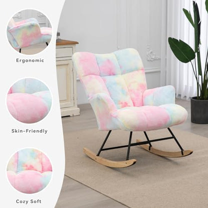 Rocking Chair Nursery Teddy Upholstered Glider Rocker Rocking Accent Chair Padded Seat with High Backrest Armchair Comfy Side Chair for Living Room Bedroom Offices (Colorful Teddy) - color: Colorful