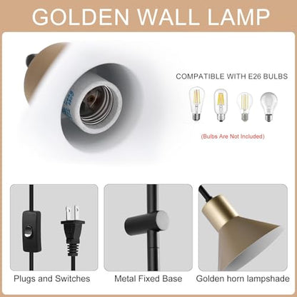 Plug in Wall Sconce with Switch, Indoor Horn Cover Wall Mounted Lamp with E26 Base, Long Wall Light for Bedroom Living Room Study Hallway Bedside（1PCS） - color: Black