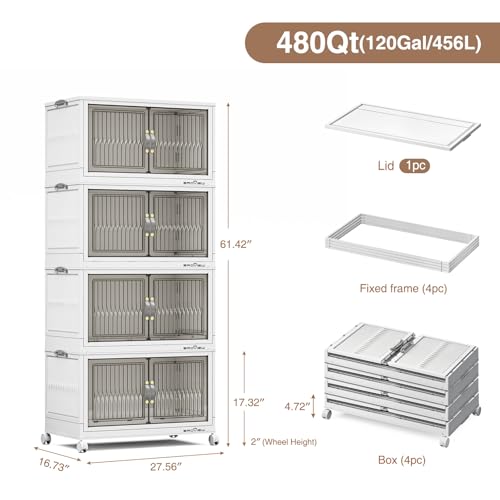 BROVIEW 480Qt Stackable Storage Bins with Lid for Home Dorm, 4Pack White | Closet Organizers, Foldable & Collapsible Cabinets, Large Containers, Wheels & Magnetic Doors, Plastic Drawers for School - color: White, size: 120QT-4Pack