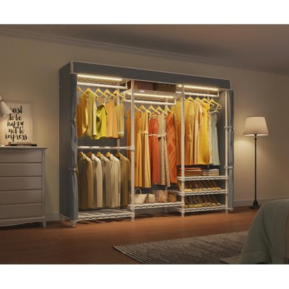 VIPEK V5LC Garment Rack Heavy Duty Covered with Dimmable LED Lights, 3000K Warm White, Portable Closet Wardrobe Freestanding for Hanging Clothes, with Grey Cover - color: White Rack With Grey Cover, style: V5LC