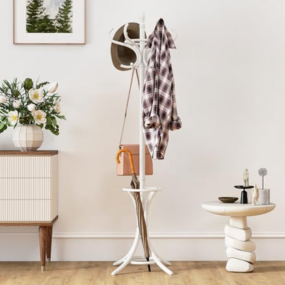 Giantex Solid Wood Coat Rack, Freestanding Hall Tree w/12 Hooks, Umbrella Holder, Entryway Hanger Stand for Coat, Hats, Scarves, Bags, Wooden Garment Rack for Bedroom, Hallway (White) - color: White