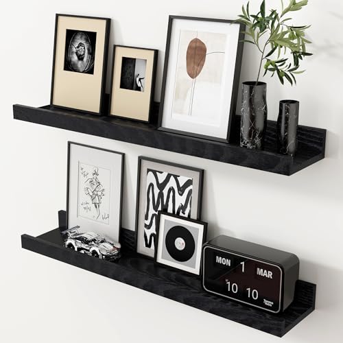 Oak Picture Ledge Shelf, 24 Inch Floating Shelves Set of 2, Solid Oak Wood Wall Shelves with Lip, Wall Decor Storage for Bedroom Living Room Bathroom Kitchen Nursery Photo Picture, Black - color: Black, size: 24inch