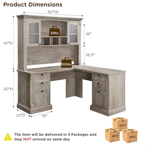 OKD 60" L Shaped Farmhouse Executive Desk with Hutch, Gray Oak | Charging Station, File Cabinet, Drawers, Home Office Desk, Wood Corner Computer Desk for Work, Study - color: Light Rustic Oak