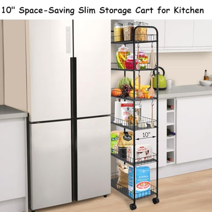 6 Tier Rolling Storage Cart on Wheels, Slim Tall Narrow Storage Shelf for Small Spaces, Metal Utility Cart Freestanding Mobile Shelving Rack with Wheels for Kitchen, Bathroom, Laundry Room - size: 10 in Wide