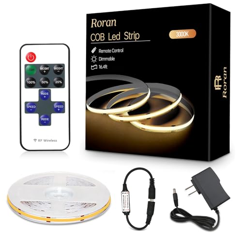 White Cob LED Strip Lights with Remote, Warm Lighting, Rope Lights Indoor, Cuttable Led Light Strips for Mirrors, Shelves, Cabinets, Living Room, Bedroom, 16.4ft 3000K Dimmable - color: 3000K