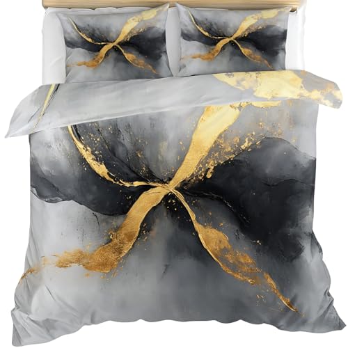 Abstract Bedding Set, Black Gold Ink Comforter Set Twin, Fluid Painting Duvet Cover & Home Decor, Zipper Closure, Reversible Print, Soft Microfiber Comforter Cover & 2 Pillowcases - color: Black Gold Ink, size: Twin (68 x 88 in)