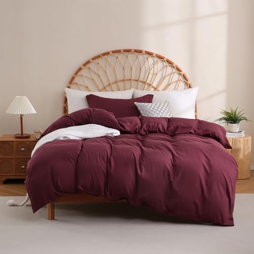 JSD Burgundy Duvet Cover Set Twin Size | 2 Piece Kids Duvet Cover with Pillow Sham Zipper Closure, Comforter Not Included, Oeko-Tex Certified - color: Burgundy, size: Twin