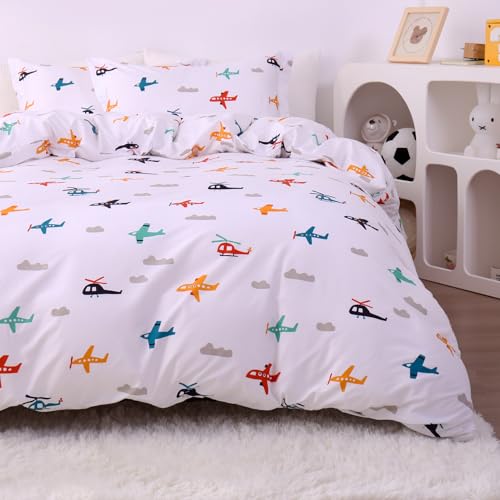 JSD Airplane Kids Duvet Cover Set Queen Size | 3 Piece Soft Printed Microfiber Duvet Cover with Pillow Shams Zipper Closure, Comforter Not Included, Oeko-Tex Certified - color: Airplane, size: Queen