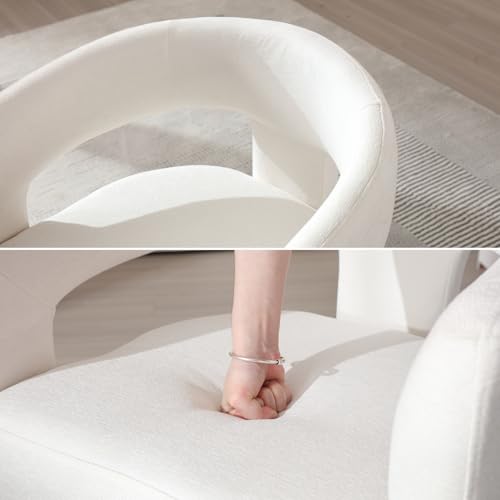 HNY Modern Chenille Barrel Single Dining Chair, White | Upholstered Accent Armchair With 18.32" Wide Seat No Assembly Required For Living Room Bedroom Vanity Small Spaces - color: White Chenille