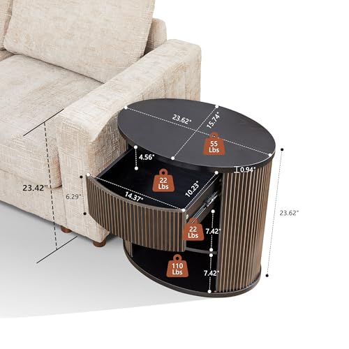 Fluted End Table with Drawer, Black Side Table with Storage, Mid Century Modern Nightstand for Bedroom Bedside, Living Room Couch Sofa, Office, Desk Side Table for Small Spaces - color: Oval-black