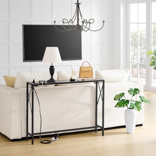 Gewudraw Narrow Console Table with Socket, Sofa Table Behind Couch | 41.8" Couch Table, Industrial Style, Long Skinny Design,For Hallway,Living Room,Bedroom, Built-In Outlets & USB,140cm Length - color: Light Grapefruit, size: 41.7 in
