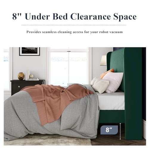 Allewie Queen Size Bed Frame/Velvet Upholstered Platform Bed/Vertical Channel Tufted Wingback Headboard/Strong Wooden Slats/No Box Spring Needed/Easy Assembly/Green - color: Green, size: Queen