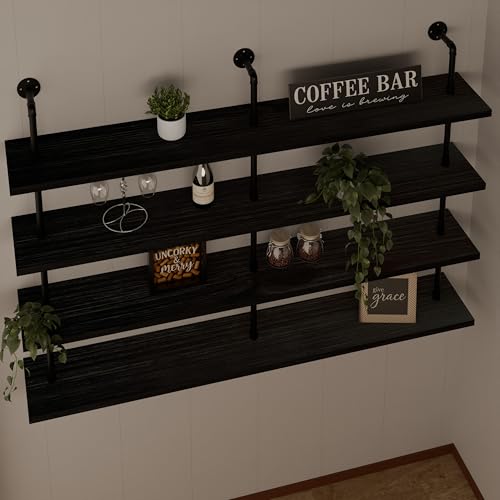 HDDFER Floating Shelves for Wall Bookshelf Industrial Pipe Shelving Shelves 60 Inch Natural Wood Planks Rustic Wall Shelves Hanging Bookshelves Farmhouse Kitchen Shelving Black - color: Black, size: 4Tier60in