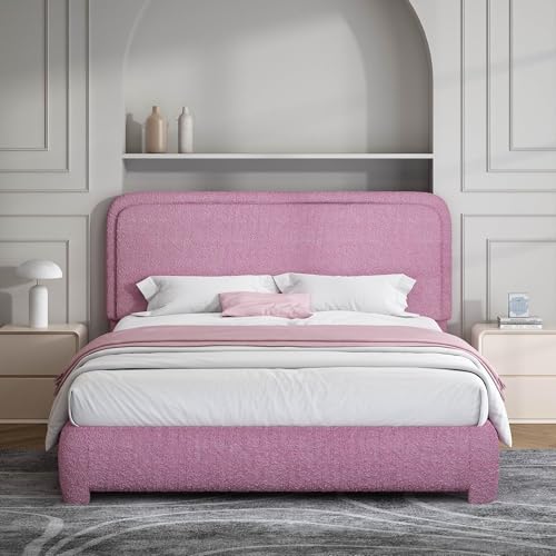 BarnFurin Full Bed Frame, Cloud Boucle Headboard, Low Profile, Rose Pink | Soft boucle and rounded edges create a low-profile cloud look. Wooden slats support the mattress without a box spring - color: Rose Pink, size: Full