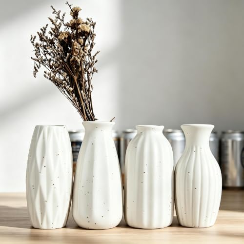 Set of 4 Small White Ceramic Vases Table Flower Vase Modern Decorative Vases for Pampas Grass, Small Vase for Home Living Room Dining Table Farmhouse Office Decor-4.9inch High