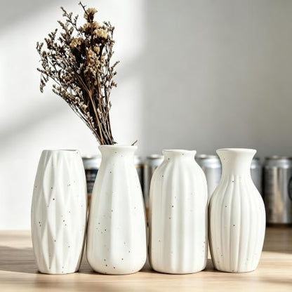 Set of 4 Small White Ceramic Vases Table Flower Vase Modern Decorative Vases for Pampas Grass, Small Vase for Home Living Room Dining Table Farmhouse Office Decor-4.9inch High