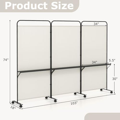 Giantex 3 Panel Room Divider with Wheels and Shelves, 103" W x 74" H Folding Privacy Screen, Rolling Partition Separator for Home Office Studio, Fabric Wall Divider for Room Separation (Beige) - color: Beige