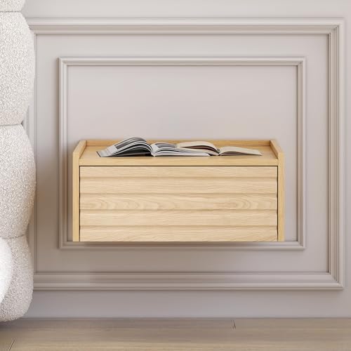 homary Floating Wooden Nightstand with Light & Charging Station, Wall Mounted Nightstand with Drawer, Wireless Charging, USB Ports, Modern Natural Floating Bedside Table for Bedroom