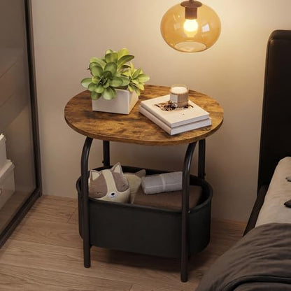 Small Round Side Table with Fabric Basket Storage, Oval End Table for Small Spaces, Modern Coffee Bedside Table, Couch Side Table for Living Room, 15.7" X 11.8" X 24", Rustic Brown 8601BZBF - color: Rustic Brown and Black