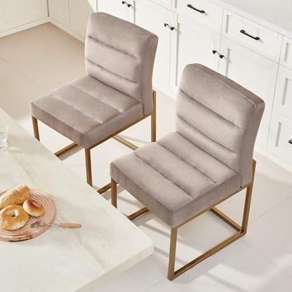 GrandNoor Modern Grey Linen Fabric Dining Chairs Set of 2, Soft Thick Upholstered Kitchen Chairs with Gold Sturdy Metal Legs,Adjustable Foot Pads Dining Room Chairs - color: Grey Linen, size: 2PCS Dining Chairs