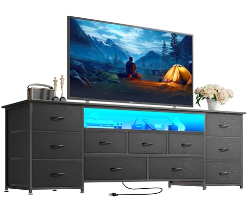 Huuger 63 Inch TV Stand for 65, 70 Inch TV, 11 Drawer Long Dresser with Power Outlets and LED Lights, Entertainment Center with Storage, Black Dresser with PU Leather Surface - color: Black, size: 13"D x 63"W x 26.8"H