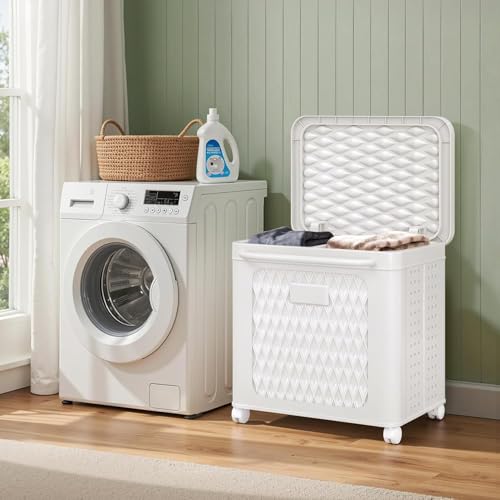 WESAPPINC 55L Collapsible Large Laundry Hamper, Plastic Laundry Basket with Wheels,Suitable for Bathroom, Bedroom, Dorm Room & Laundry Room,Basket with Handle (80L White) - color: 80L White