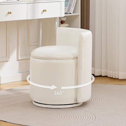 WUTUTUEE Leather Vanity Chair with Storage, 360° Swivel Makeup Chair with Pleated Back, No Assembly Small PU Accent Stool for Bedroom, Dressing Room, Living Room, White - color: Beige-pu, size: Regular