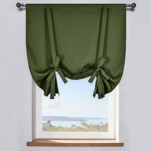 Tie Up Shade for Bathroom - Farmhouse Kitchen Curtain Thermal Insulated Window Treatment Rod Pocket Balloon Christmas Valance (1PC,Olive Green,34W x 45L) - color: Olive, size: 34"W x 45"H