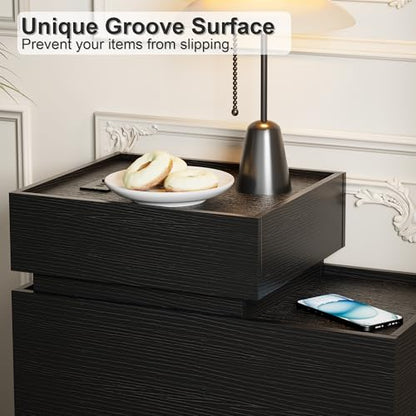 End Table with Charging Station, Nightstand with Drawers and Storage | Narrow Side Table with USB Ports and Power Outlets for Living Room and Bedroom, Black and Brown