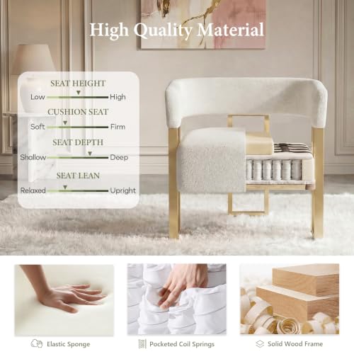 Modern White Boucle Accent Chairs Set of 2, Barrel Chairs for Living Room | STHOUYN Bedroom Armchairs, Curved Barrel Design, Soft Boucle Upholstery, Gold-Tone Legs, Wide Seats, Small Space Office - color: White