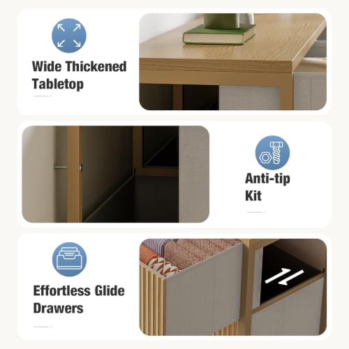 DUMOS Fabric Fluted Dresser, Modern Chest of 9 Fabric Drawers for Bedroom, Large Dressers with Metal Frame & Wooden Top, Storage Organizer Closet for Living Room, Entryway, Natural Oak
