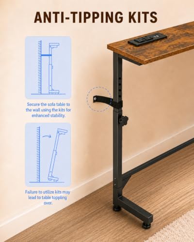 2Pack Behind Couch Table w/Charging Station Narrow Console Table | Adjustable Height(23.6"-31.9"), 5.9"Wx78.8"L, Slim Long Sofa Table, 2 Power Outlets, for Living Room, Entryway, Rustic Brown