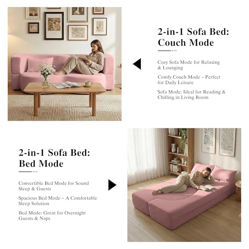 2-in-1 Folding Convertible Sofa Bed - 78 Inch Boneless Loveseat Sleeper, Foldable Floor Futon Couch with Pillow, Pull-Out Modular Matress for Small Spaces (Living Room/Bedroom/Dorm) (Pink) - color: Pink
