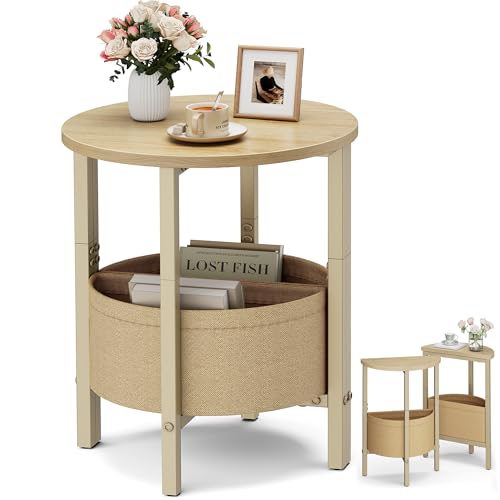 Small Round Side Table End Table, Tall Accent Table with Storage Basket, Set of 2 Half Round Tables Half Moon Tables, Coffee Bedside Tables, Modern Nightstand for Living Room Bedroom,Natural - color: Natural Walnut