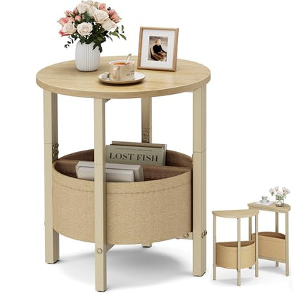 Small Round Side Table End Table, Tall Accent Table with Storage Basket, Set of 2 Half Round Tables Half Moon Tables, Coffee Bedside Tables, Modern Nightstand for Living Room Bedroom,Natural - color: Natural Walnut