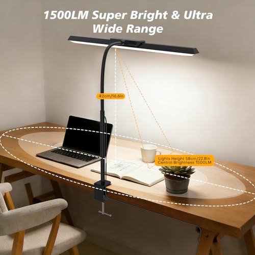LED Desk Lamp with Clamp, Stepless Dimming Flicker-Free for Home Office | Architect Lamp, DC Adapter, 25 Modes, 12.8in Flexible Gooseneck, Eye-Friendly for Workbench & Reading - color: Black