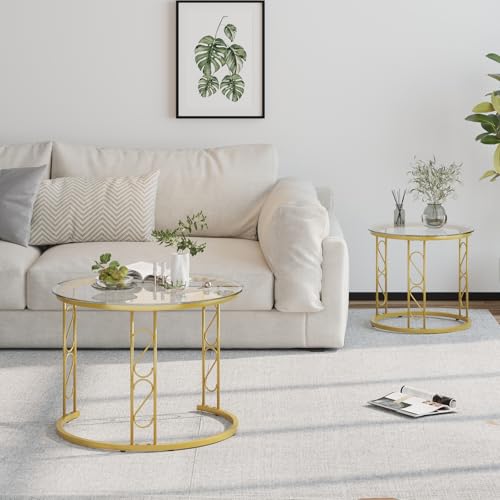 Nesting Coffee Table, 23.6" Round Coffee Table Set of 2, Glass Nesting Table with Metal Frame, Ceter Tables for Living Room Bedroom Balcony, Gold - color: Glass and Gold