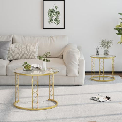 Nesting Coffee Table, 23.6" Round Coffee Table Set of 2, Glass Nesting Table with Metal Frame, Ceter Tables for Living Room Bedroom Balcony, Gold - color: Glass and Gold