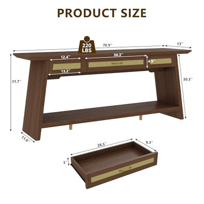 iPormis 70.9 Inches Rattan Entryway Table with Drawer, Narrow Long Console Table Behind Sofa, Wood Entry Accent Hallway Table for Living Room, Behind Couch, Entrance, Rustic Brown - color: Rustic Brown
